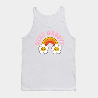 Retro rainbow and daisy with text: Stay groovy Tank Top